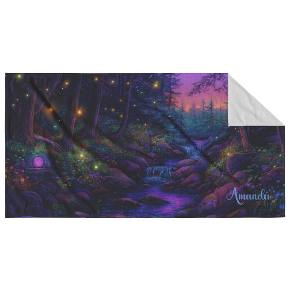 Fantasy Forest Beach Towel - Can be Personalized - Stream in the Woods Fireflies Lightning Bugs - 30" x 60" - Cotton and Polyester