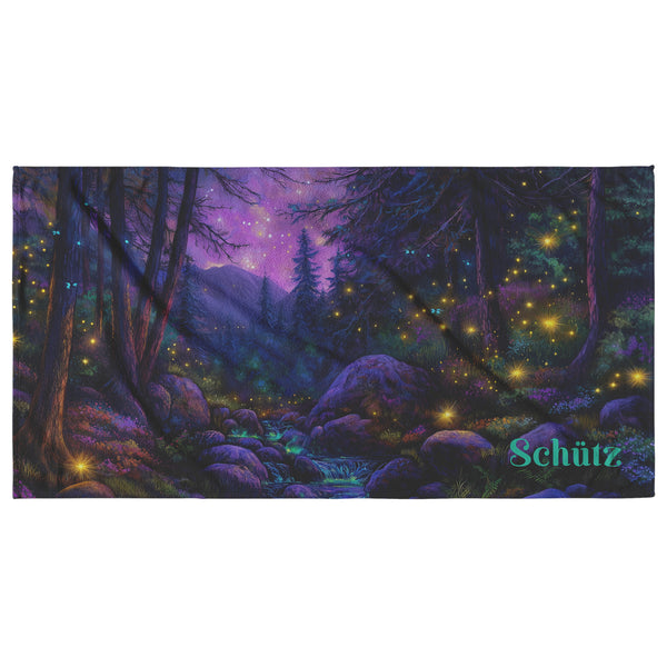 Fantasy Forest Beach Towel - Can be Personalized - Colorful Stream in the Woods, Lightning Bugs, Fireflies - 30" x 60" - Cotton and Polyester