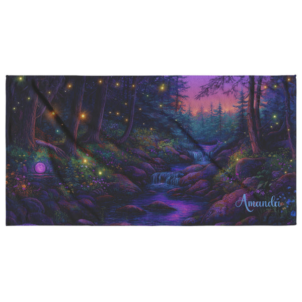 Fantasy Forest Beach Towel - Can be Personalized - Stream in the Woods Fireflies Lightning Bugs - 30" x 60" - Cotton and Polyester