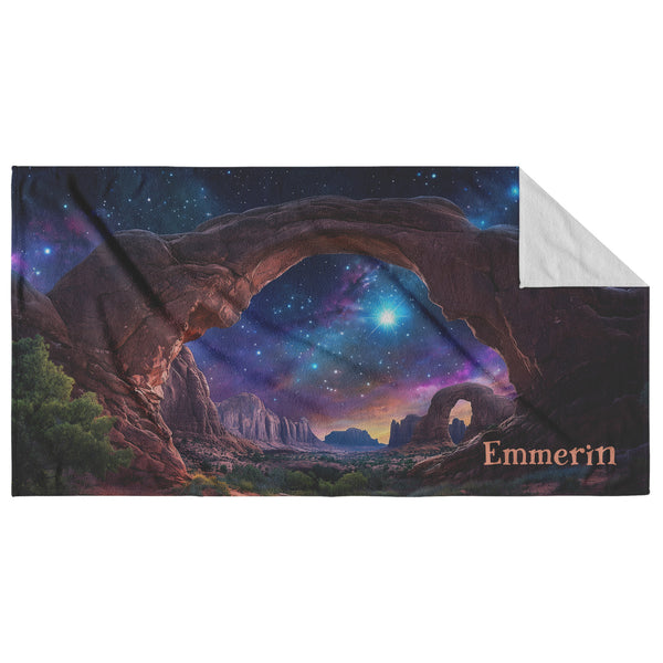Fantasy Red Rock Arch Beach Towel - Can be Personalized - 30" x 60" - Cosmic Desert Fantasy Scene - Cotton and Polyester