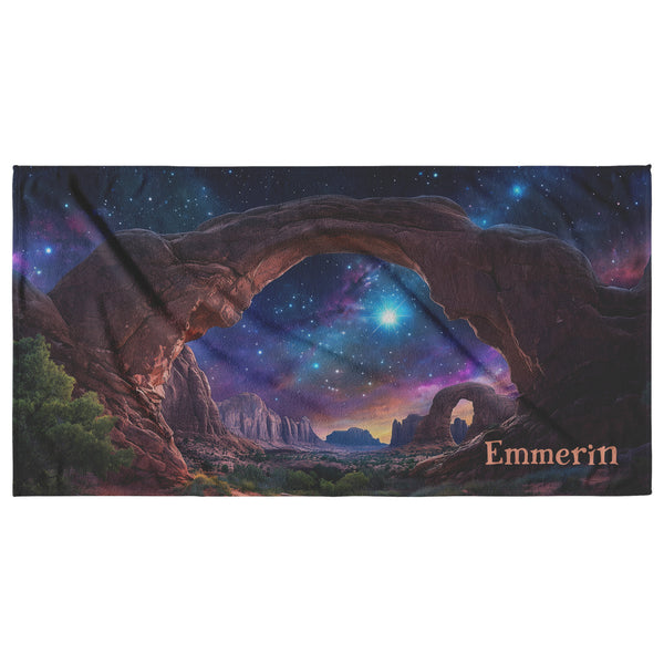 Fantasy Red Rock Arch Beach Towel - Can be Personalized - 30" x 60" - Cosmic Desert Fantasy Scene - Cotton and Polyester