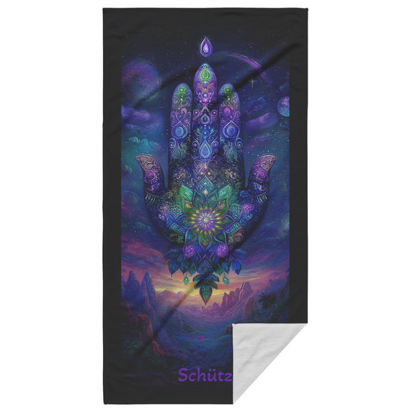 Hamsa Hand Beach Towel - Can be Personalized - Fantasy Cosmic Hand of Fatima Protection - 30" x 60" - Cotton and Polyester