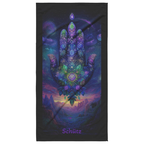 Hamsa Hand Beach Towel - Can be Personalized - Fantasy Cosmic Hand of Fatima Protection - 30" x 60" - Cotton and Polyester