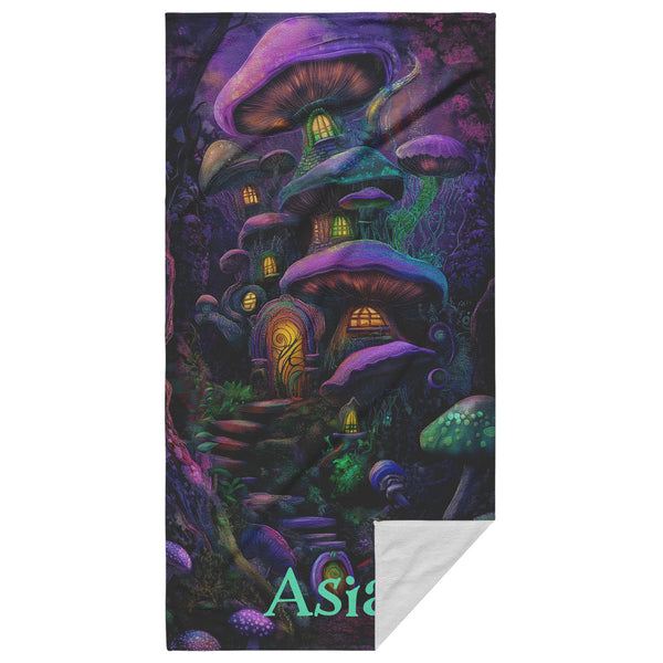 Mushroom Houses Beach Towel - Can be Personalized - Fantasy Mushroom Forest Town - 30" x 60" - Cotton Polyester