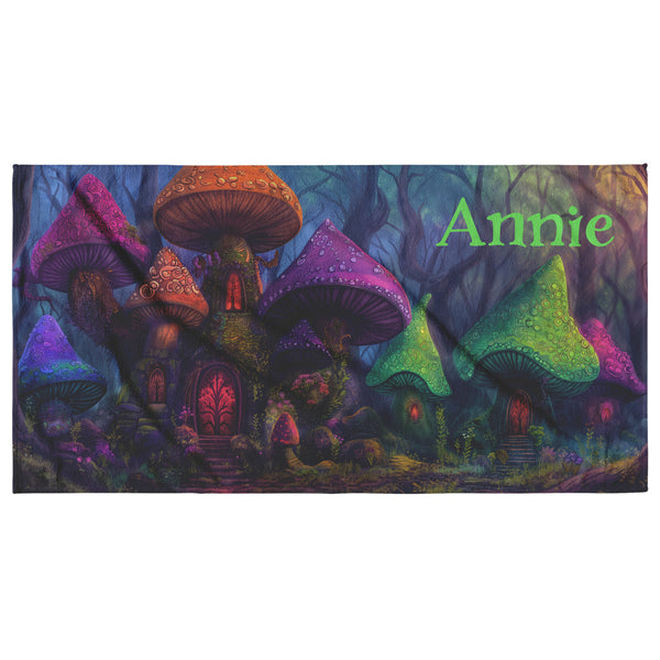 Mushroom Houses Beach Towel - Can be Personalized - Colorful Fantasy Mushroom Dwellings - 30" x 60" - Cotton and Polyester