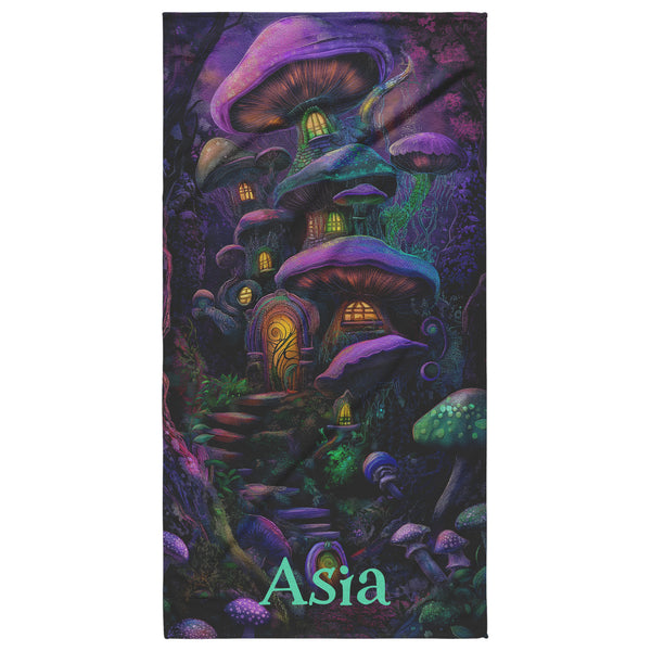 Mushroom Houses Beach Towel - Can be Personalized - Fantasy Mushroom Forest Town - 30" x 60" - Cotton Polyester