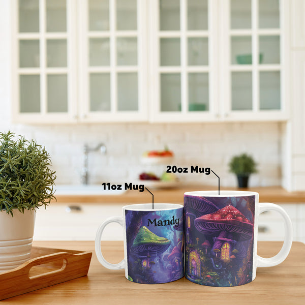 Mushroom Houses Mug - 20 oz Extra Large Coffee Cup - Can be Personalized - Fantasy Forest Mushroom Town