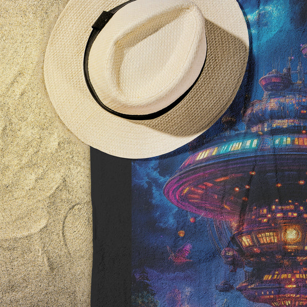 Spaceship Beach Towel - Can be Personalized - Fantasy Psychedelic - 30" x 60" - Cotton Polyester