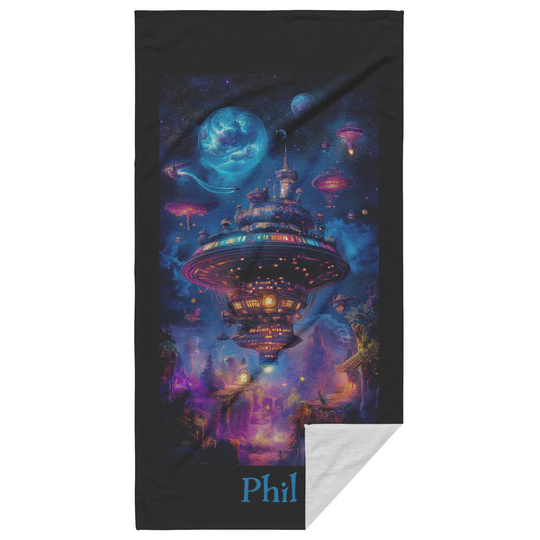 Spaceship Beach Towel - Can be Personalized - Fantasy Psychedelic - 30" x 60" - Cotton Polyester
