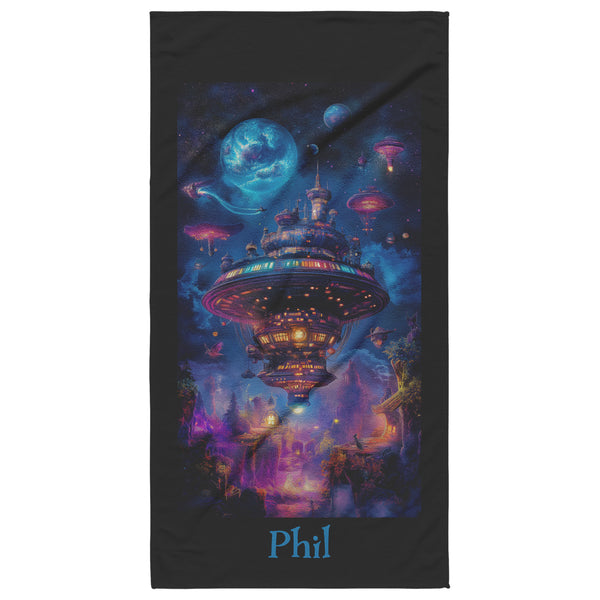Spaceship Beach Towel - Can be Personalized - Fantasy Psychedelic - 30" x 60" - Cotton Polyester