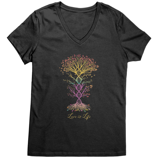 Love is Life Rainbow DNA Tree of Life V Neck Short Sleeve T-Shirt Sizes S-4X in 6 colors