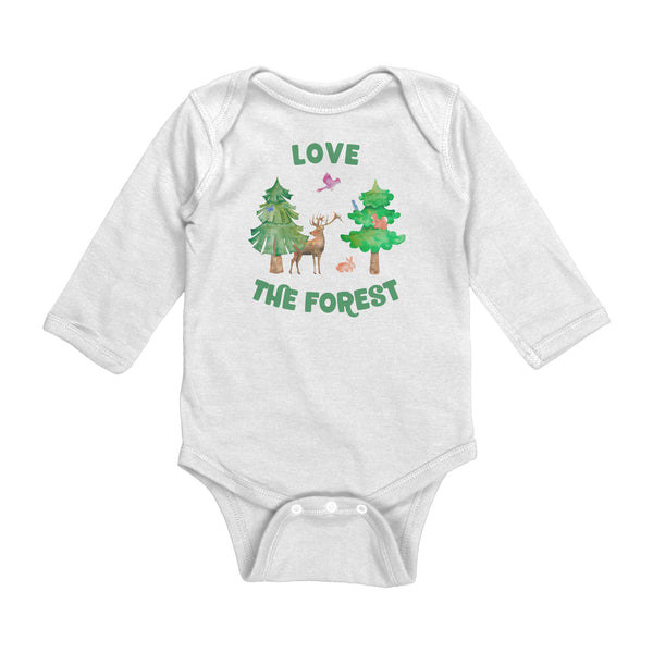 Love the Forest Baby Bodysuit Long Sleeve 100% Cotton with Deer, Rabbit, Trees, Birds, Butterfly, Squirrel