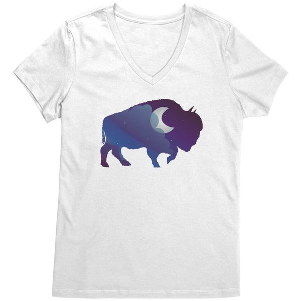 Night Sky Buffalo Bison Moon V Neck Top for Women 100% Cotton