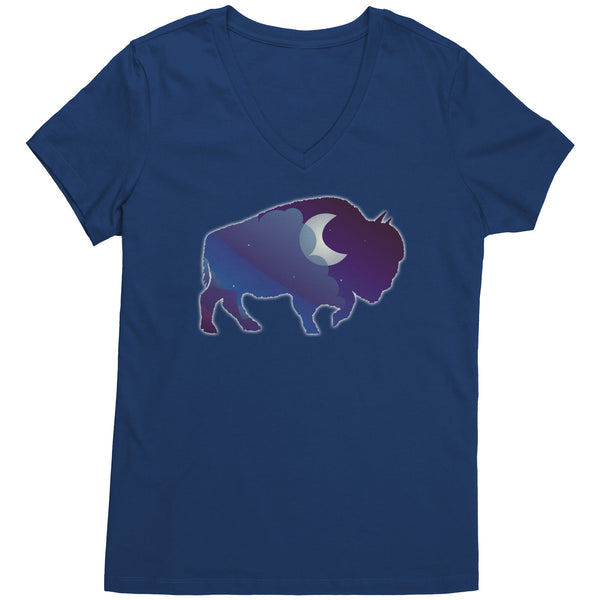 Night Sky Buffalo Bison Moon V Neck Top for Women 100% Cotton