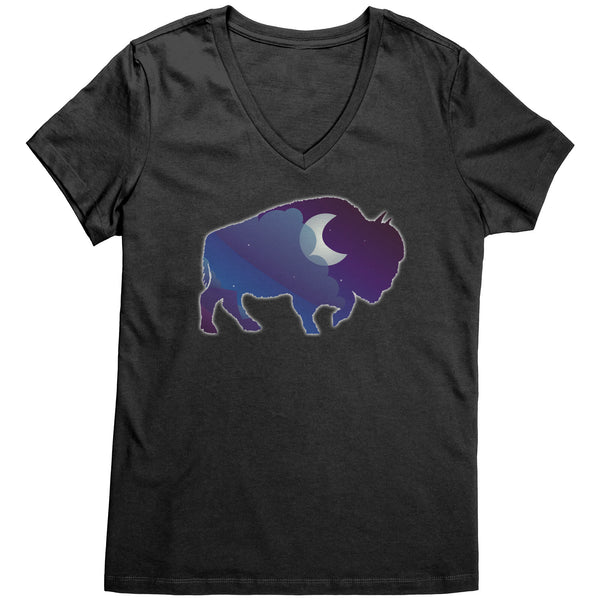 Night Sky Buffalo Bison Moon V Neck Top for Women 100% Cotton
