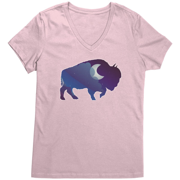 Night Sky Buffalo Bison Moon V Neck Top for Women 100% Cotton