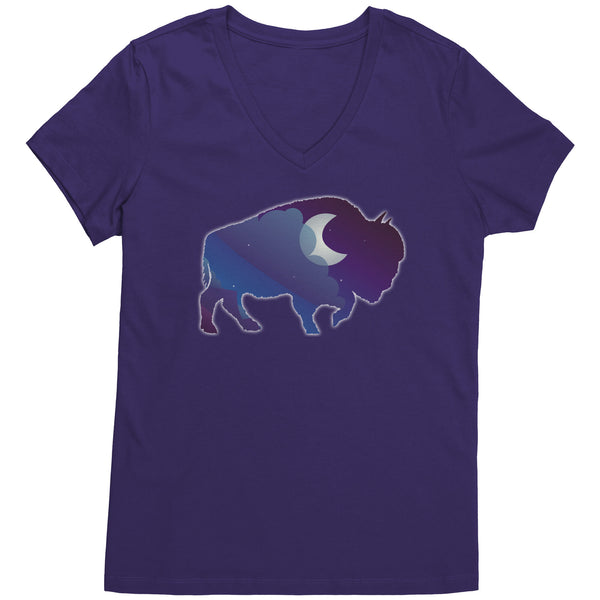 Night Sky Buffalo Bison Moon V Neck Top for Women 100% Cotton