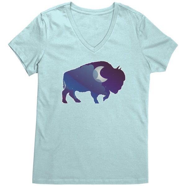 Night Sky Buffalo Bison Moon V Neck Top for Women 100% Cotton