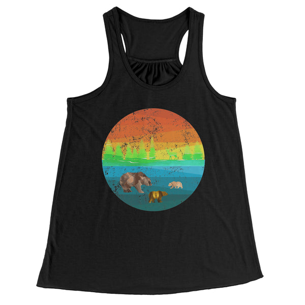 Three Bears in a Retro Distressed Rainbow Circle Scene Flowy Racerback Women's Tank Top