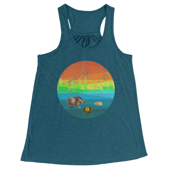 Three Bears in a Retro Distressed Rainbow Circle Scene Flowy Racerback Women's Tank Top
