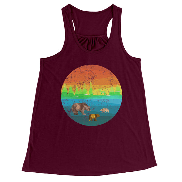 Three Bears in a Retro Distressed Rainbow Circle Scene Flowy Racerback Women's Tank Top