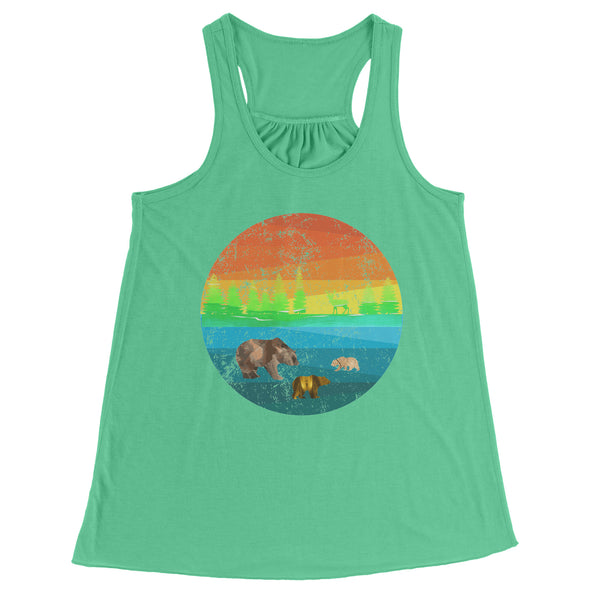 Three Bears in a Retro Distressed Rainbow Circle Scene Flowy Racerback Women's Tank Top