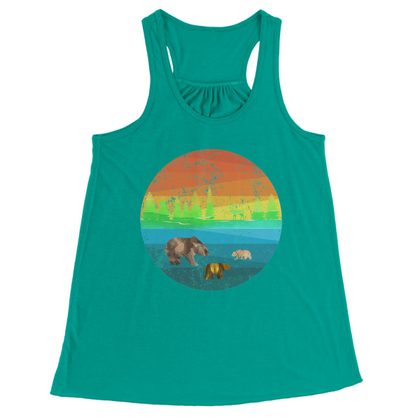 Three Bears in a Retro Distressed Rainbow Circle Scene Flowy Racerback Women's Tank Top