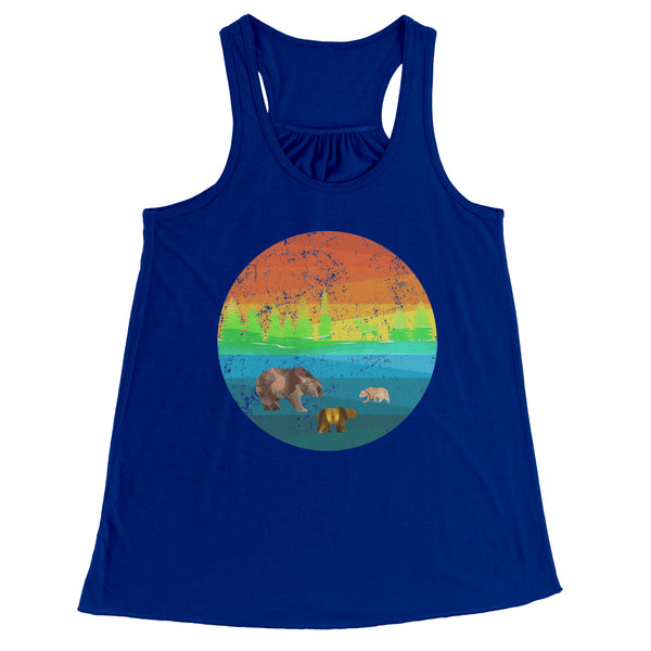 Three Bears in a Retro Distressed Rainbow Circle Scene Flowy Racerback Women's Tank Top