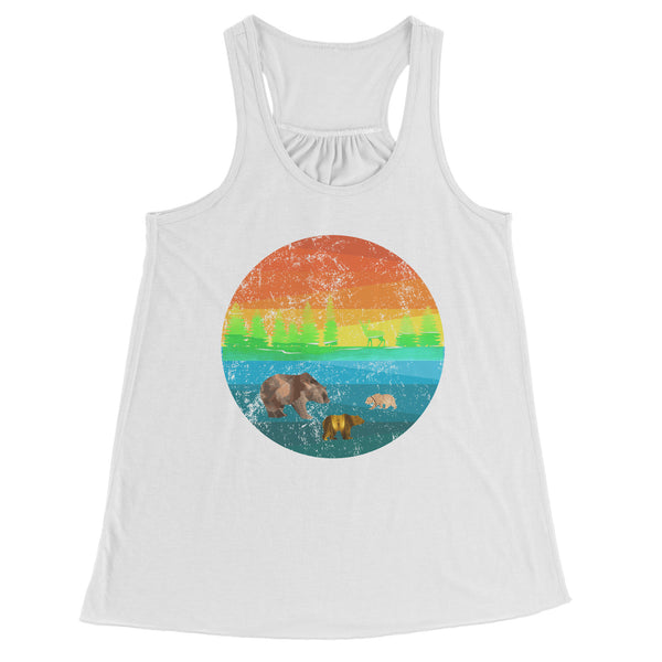 Three Bears in a Retro Distressed Rainbow Circle Scene Flowy Racerback Women's Tank Top
