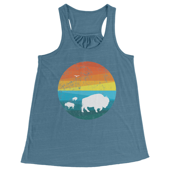 Three Buffalo in a Retro Distressed Rainbow Circle Scene