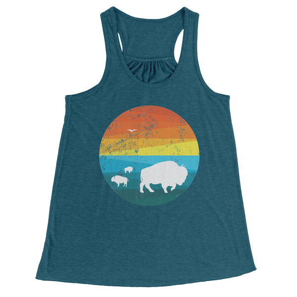 Three Buffalo in a Retro Distressed Rainbow Circle Scene