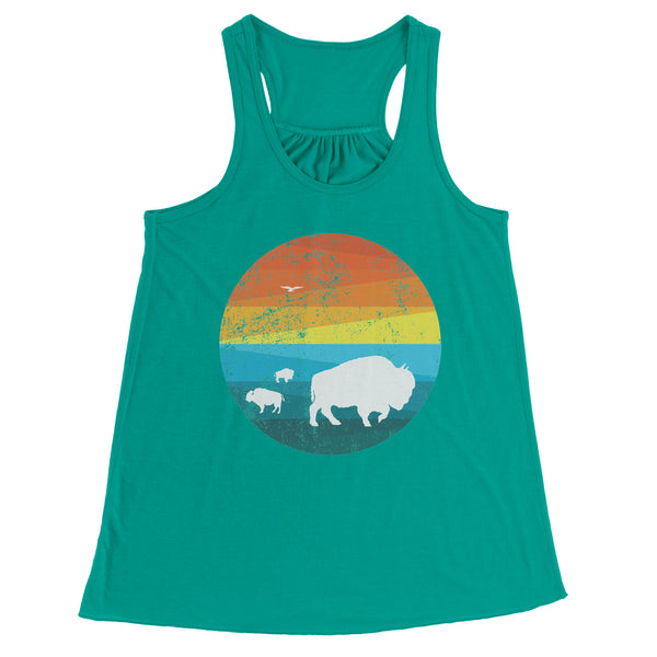 Three Buffalo in a Retro Distressed Rainbow Circle Scene
