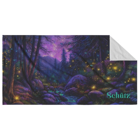 Fantasy Forest Beach Towel - Can be Personalized - Colorful Stream in the Woods, Lightning Bugs, Fireflies - 30" x 60" - Cotton and Polyester