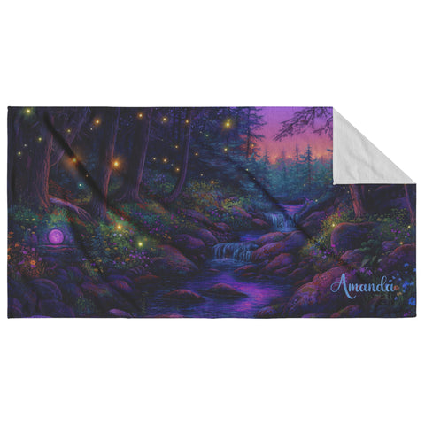 Fantasy Forest Beach Towel - Can be Personalized - Stream in the Woods Fireflies Lightning Bugs - 30" x 60" - Cotton and Polyester
