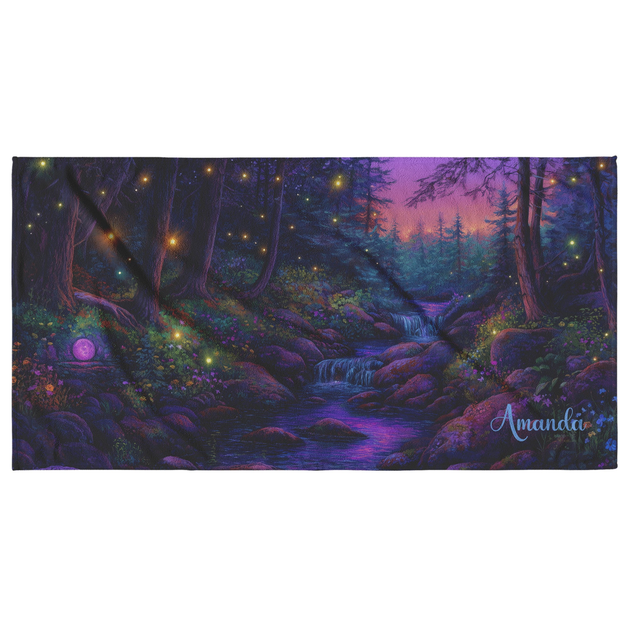 Fantasy Forest Beach Towel - Can be Personalized - Stream in the Woods Fireflies Lightning Bugs - 30" x 60" - Cotton and Polyester