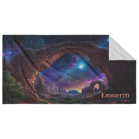 Fantasy Red Rock Arch Beach Towel - Can be Personalized - 30" x 60" - Cosmic Desert Fantasy Scene - Cotton and Polyester
