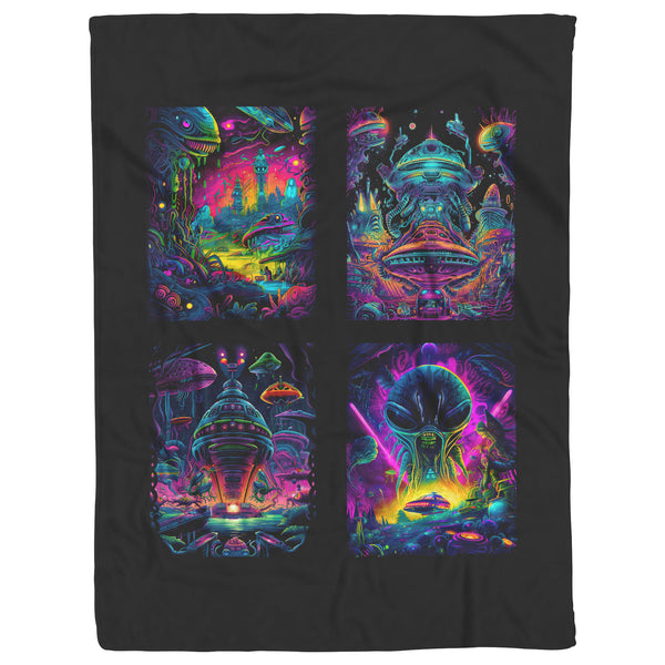 Fleece Blanket - Sci-Fi Aliens Spaceships 4 Panel Psychedelic - Soft - 3 Sizes - Can be Personalized with Name - Sherpa Option - Throw, Full/Queen Blanket