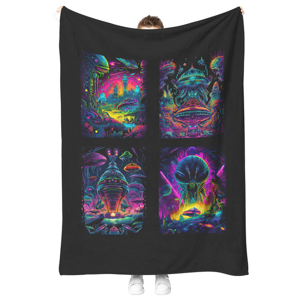 Fleece Blanket - Sci-Fi Aliens Spaceships 4 Panel Psychedelic - Soft - 3 Sizes - Can be Personalized with Name - Sherpa Option - Throw, Full/Queen Blanket