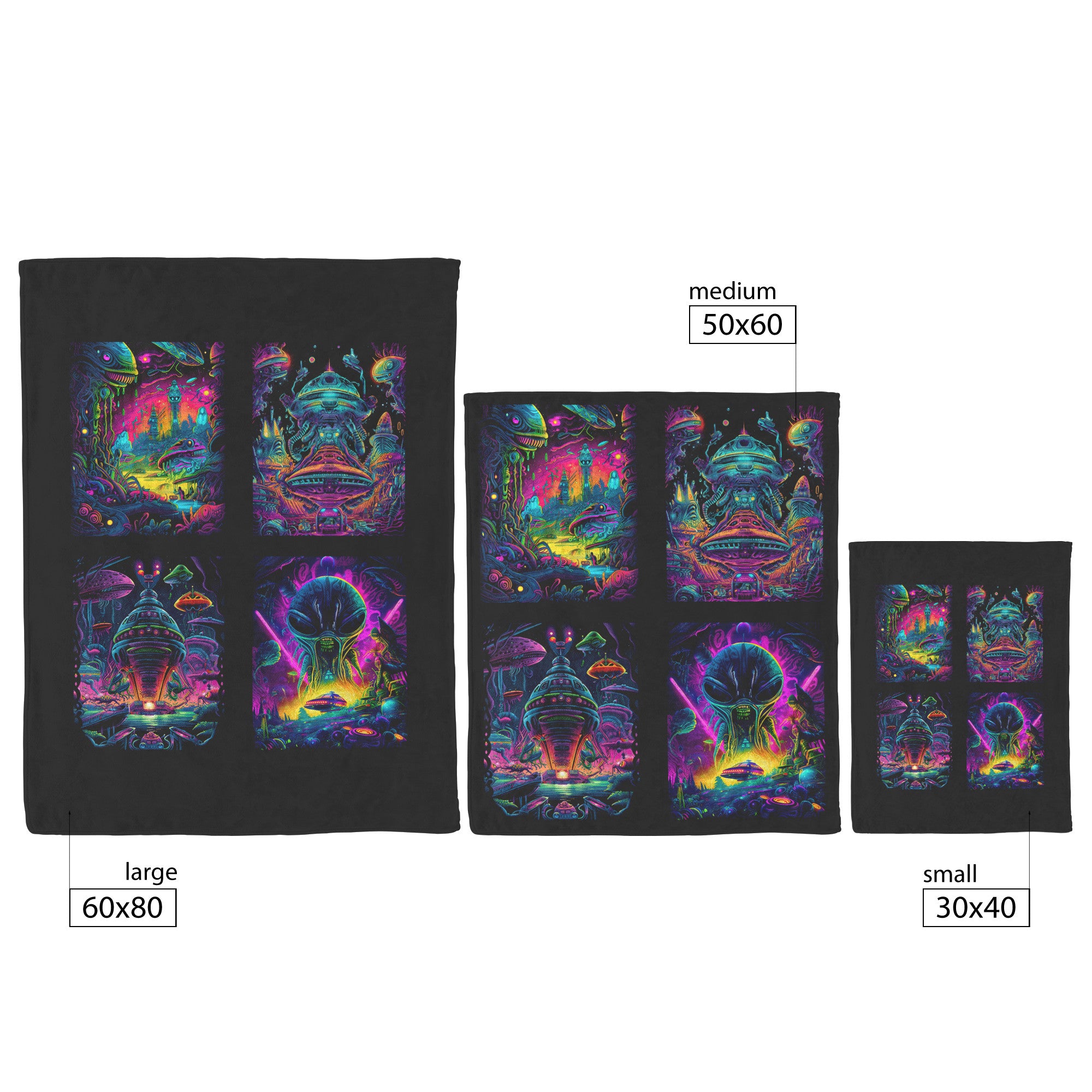 Fleece Blanket - Sci-Fi Aliens Spaceships 4 Panel Psychedelic - Soft - 3 Sizes - Can be Personalized with Name - Sherpa Option - Throw, Full/Queen Blanket