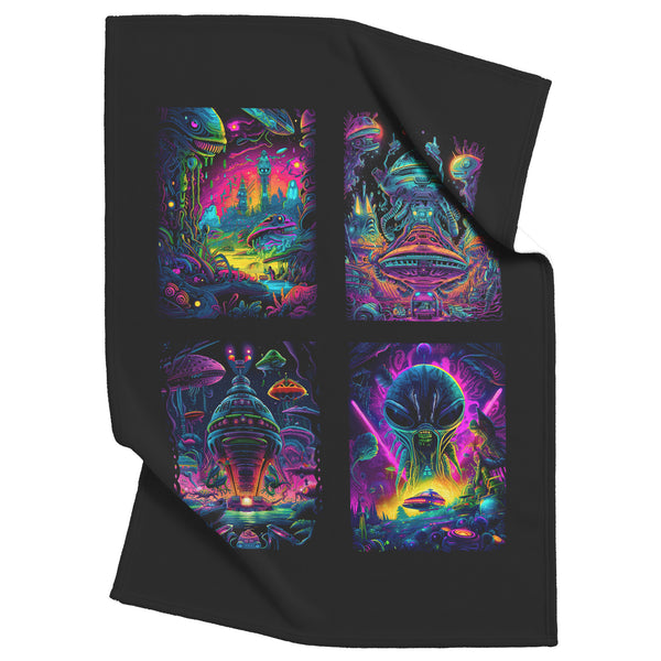 Fleece Blanket - Sci-Fi Aliens Spaceships 4 Panel Psychedelic - Soft - 3 Sizes - Can be Personalized with Name - Sherpa Option - Throw, Full/Queen Blanket