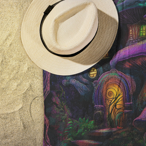 Mushroom Houses Beach Towel - Can be Personalized - Fantasy Mushroom Forest Town - 30" x 60" - Cotton Polyester