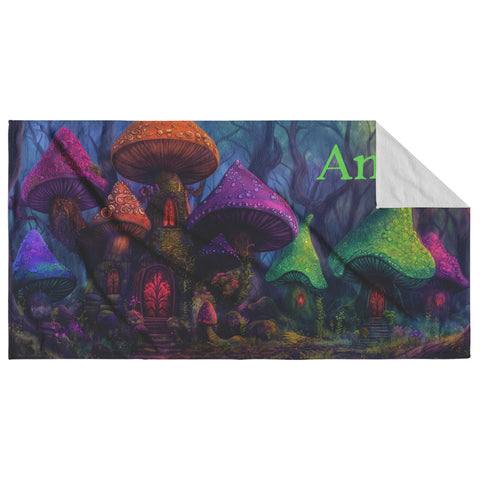 Mushroom Houses Beach Towel - Can be Personalized - Colorful Fantasy Mushroom Dwellings - 30" x 60" - Cotton and Polyester