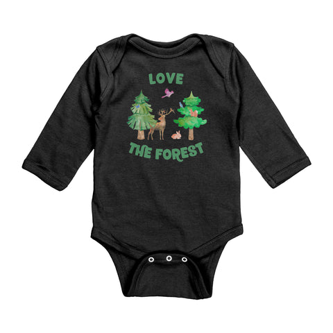 Love the Forest Baby Bodysuit Long Sleeve 100% Cotton with Deer, Rabbit, Trees, Birds, Butterfly, Squirrel