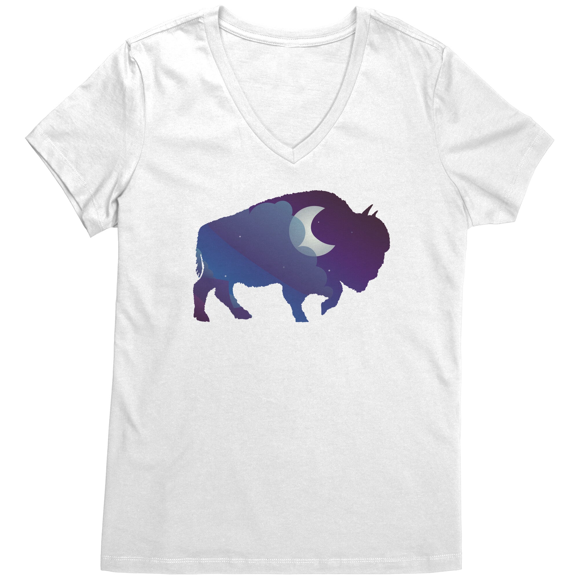 Night Sky Buffalo Bison Moon V Neck Top for Women 100% Cotton
