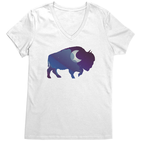 Night Sky Buffalo Bison Moon V Neck Top for Women 100% Cotton