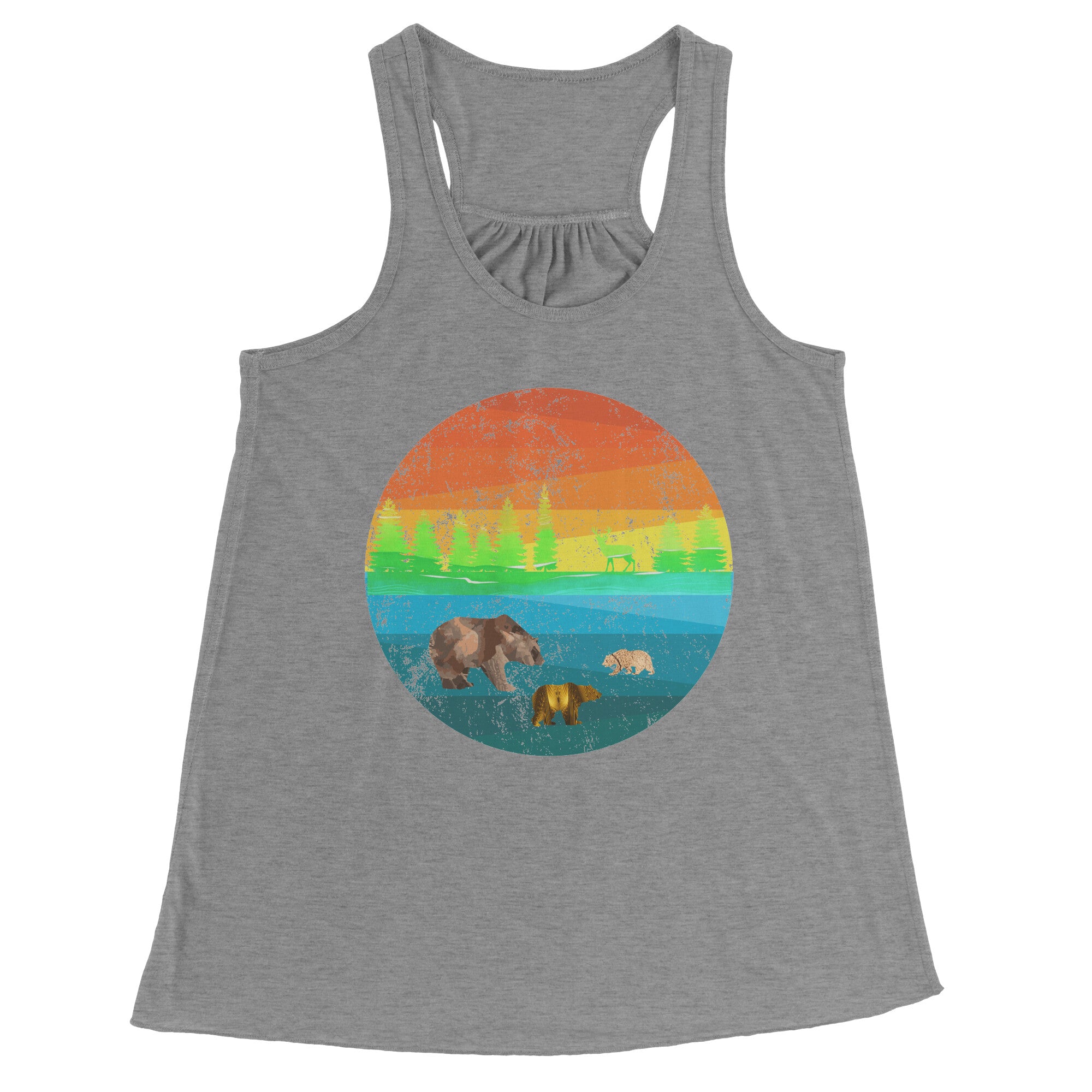 Three Bears in a Retro Distressed Rainbow Circle Scene Flowy Racerback Women's Tank Top
