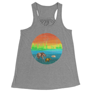 Three Bears in a Retro Distressed Rainbow Circle Scene Flowy Racerback Women's Tank Top