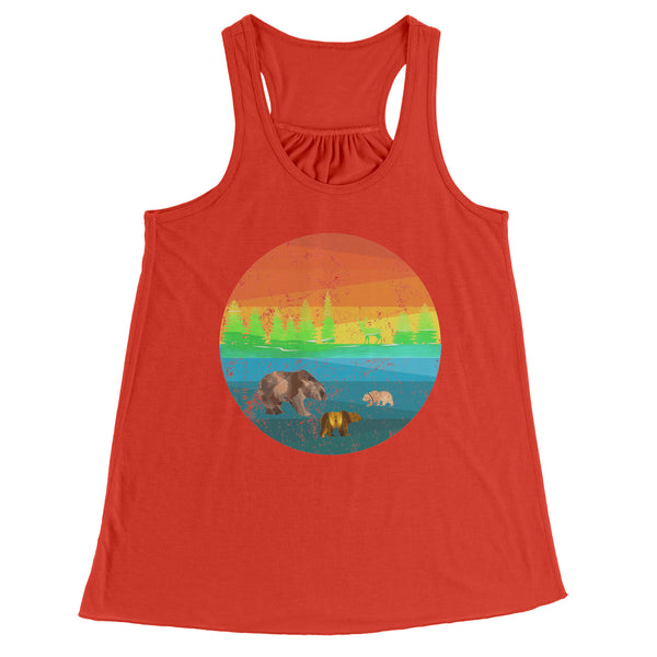Three Bears in a Retro Distressed Rainbow Circle Scene Flowy Racerback Women's Tank Top